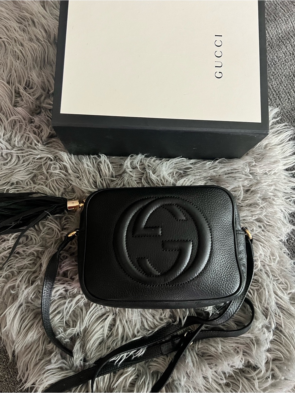 Gucci Black Leather GG Embossed Crossbody with Tassel